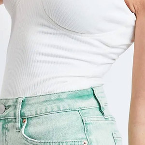 Shorts en jean taille haute menthe pour femme, couleur unie, fermeture boutonnée, cinq poches, style décontracté, tissu en coton délavé - Product Image 5