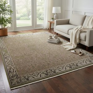 Alfombra Medallón Transicional de Lana Anudada a Mano con Acabado Desgastado, Color Salvia y Rosa Empolvado, 10' x 14', Pelo Bajo, Para Uso Doméstico - Product Image 1
