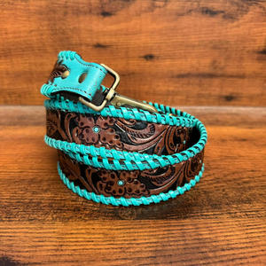 Sangle de guitare en cuir usiné Western Turquoise Sangle de sac à bandoulière de remplacement en cuir véritable avec finition en laiton antique - Product Image 5