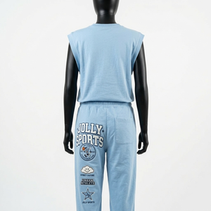 ชุดเสื้อยืดแขนกุดผ้าฝ้ายพรีเมียม 200 GSM กับกางเกงจ็อกเกอร์ สีฟ้าอ่อน ผ้าฝ้ายนุ่ม พิมพ์ลายสกรีน โลโก้สั่งทำ ชุดสำหรับผู้หญิง - Product Image 4