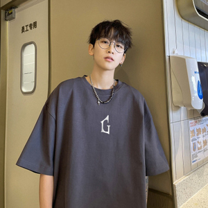 T-shirt Homme Brodé Oversize en Coton et Fibre de Bambou, Coupe Ample Épaules Tombantes, Grammage Lourd, Style Décontracté Streetwear, T-shirt Graphique - Product Image 6