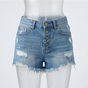 Plus Size Women <b>Denim</b> Shorts <b>Stretch</b> High Waist Vintage Washed Button Ripped Design Casual Summer Outdoor Wear Garments - Product Image 1