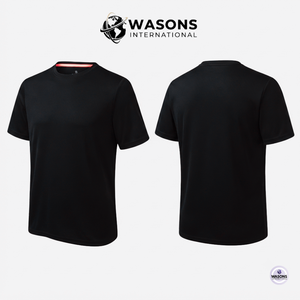 Wasons เสื้อยืดคอกลมแขนสั้นสีดำสำหรับผู้ชาย, เสื้อยืดลำลองทรงพอดีตัวเสื้อยืดถักสีพื้น - Product Image 1