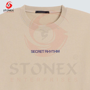 T-shirt en coton beige à manches courtes pour homme, col rond, coupe classique, couleur unie, jersey tricoté - Product Image 5