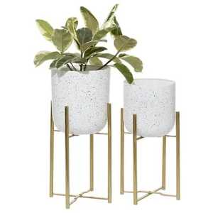 Pot de fleurs en terrazzo blanc avec support en métal doré, ensemble de pots ronds pour plantes, à poser sur table ou au sol, en métal, pour intérieur - Product Image 1
