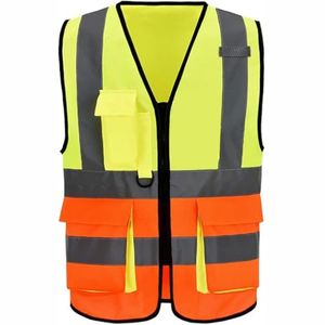 Gilet de sécurité réfléchissant pour homme, jaune orange, en polyester, fermeture éclair, col en V, vêtement d'extérieur décontracté avec poches - Product Image 1