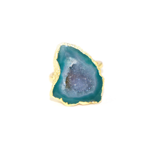 Elegant Style Natural Green Geode Druzy Single Gemstone Classic <b>Ring</b> 22K Gold Plated Wholesale Brass Jewelry For Women Girls - Product Image 1