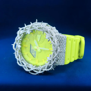 Montre de luxe Moissanite Iced Out, cadran analogique jaune néon, finition argentée, bracelet en silicone, montre tendance Hip Hop - Product Image 6