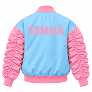 เสื้อแจ็คเก็ตวาร์ซิตี้ผ้าซาตินสีสันตัดกันสำหรับผู้หญิง Gamma Phi Delta พร้อมตัวอักษรภาษากรีก แขนพองแบบรูช  ติดกระดุมแบบเสื้อแจ็คเก็ตบอมเบอร์สำหรับนักศึกษา - Product Image 4