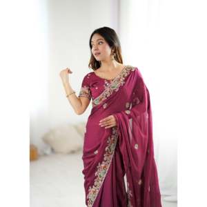 Sari en soie fantaisie avec broderies, fils et sequins, type châle - Product Image 3