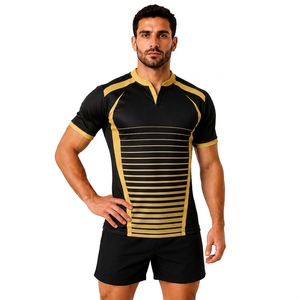 Maillot de rugby rayé noir et or pour homme, manches courtes, col en V, respirant, ajusté, toutes saisons - Product Image 1