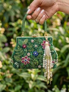 Bolso de mano con solapa y bordado de cuentas, correa de cadena de cuero, diseño circular color verde azulado, para mujer - Product Image 2