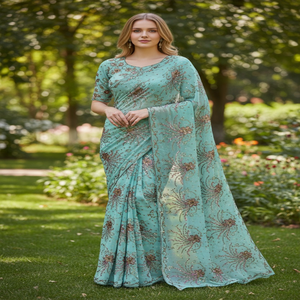Colección de Bodas Formales Shubham Collections, Sari Indio de Lujo con Patrón Floral, Tela con Trabajo Intrincado de Cuentas de Piedra - Product Image 1