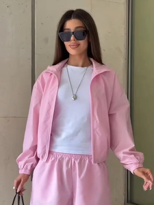 Women's <b>Pink</b> Two-Piece <b>Tracksuit</b> Set Full Sleeve Zipper Sporty Shorts Outfit Spring Summer Loose Fit Solid Color Woven Polyester - Product Image 5