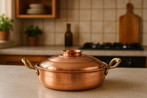 Casserole en cuivre de forme ronde avec couvercle, design classique, ustensile de cuisine en métal durable, lavage à la main uniquement - Product Image 5