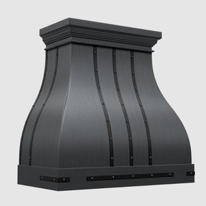 Hotte de cuisine moderne finition gris, rivets noirs faits à la main, en acier inoxydable, murale, type cheminée avec rivets - Produit - Product Image 2