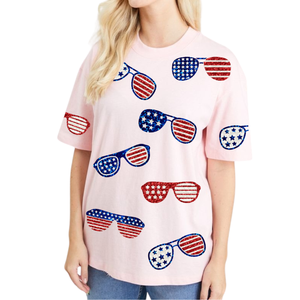 Camisetas de Mujer con Diseño Patriótico del 4 de Julio, Personalizadas, Color Azul Bebé, Corte Holgado, Transpirables, de Algodón, Casuales, con Lentejuelas Hechas a Mano - Product Image 3