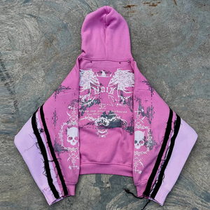 Sudadera con Capucha Rosa Gótica con Mangas de Murciélago y Estampado de Calavera, Sudadera Unisex de Punto Oversize con Diseño de Logotipo Frontal, Estilo Otoñal - Product Image 2