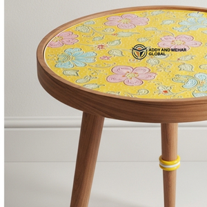 Yellow Meena Floral Design Round Wooden Side <b>Table</b> – Handcrafted Decorative Accent <b>Table</b> for Living Room & Bedroom - Product Image 2