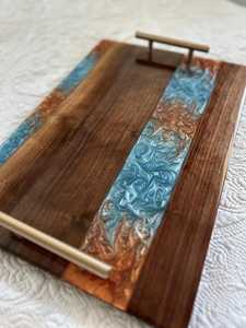 Artisan Luxury <b>Epoxy</b> Resin & Acacia Wood Multipurpose Serving Tray with Polished Gold Metal Handles for Housewarming & Wedding - Product Image 5