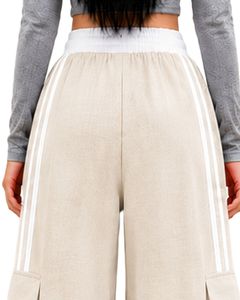 Pantalon cargo ample beige sur mesure pour femme avec bandes latérales blanches, taille haute, coupe décontractée, style streetwear - Product Image 6