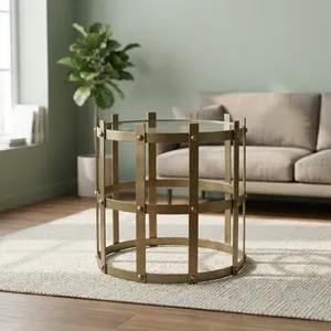 Modern Round <b>Side</b> <b>Table</b> with Tempered <b>Glass</b> Top and Brass Metal Frame Industrial Design Living Room Furniture Decorative - Product Image 6