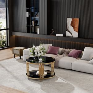 Modern Asymmetrical Metal Coffee <b>Table</b> with Black <b>Mirror</b> <b>Top</b> and Gold Finish Circular Metal Drum Base with Lower Shelf - Product Image 4