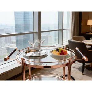 Ceramic Eco-Friendly American Style Round <b>Bar</b> Cart with Glass <b>Shelves</b> and Wheels for Modern Home Dining and Party Use - Product Image 5