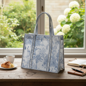 Bolso Tote con Estampado de Grullas Tropicales Azules, Bolso de Hombro de Algodón Seersucker Blanco con Ribete a Rayas, Bolso Obra Maestra Hecho a Mano - Product Image 5