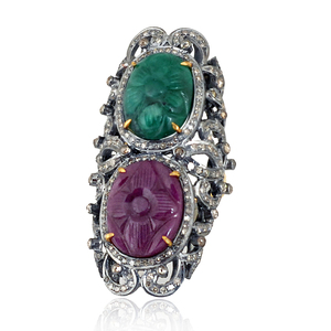 Bague de cocktail REYES victorienne en argent sterling et or 14 carats avec diamants, émeraude et rubis naturels sculptés à la main, style filigrane antique - Product Image 1