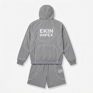 Custom Logo Grey Two-Piece Sportswear Set, <b>Men's</b> Lightweight Hooded Windbreaker <b>Jacket</b> and Shorts, <b>Summer</b> Athleisure Tracksuit - Product Image 2