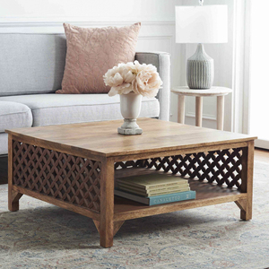 Mesa de Centro de Madera de Mango Sólida con Estante, 36 Pulgadas, Acabado Marrón Rústico, Mesa de Sofá con Tallado Geométrico para Sala de Estar - Product Image 1