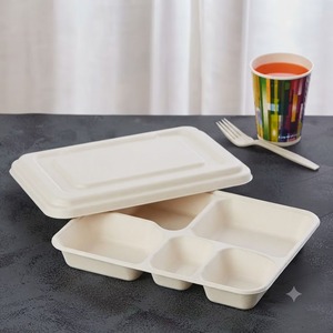 Plateau alimentaire blanc anti-fuite 5CP en bagasse de canne à sucre avec couvercle, biodégradable et compostable, respectueux de l'environnement, fabriqué à partir de fibres de pulpe de canne à sucre - Product Image 3