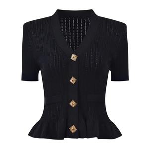 Cardigan en maille pour femme, design élégant, respirant, col en V, manches courtes ajourées, à volants, décontracté, blanc, noir, boutonné, uni - Product Image 2
