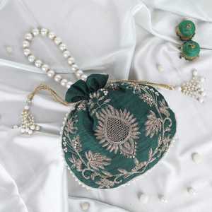 Handmade Synthetic Brocade Silk Round Potli <b>Purse</b> with Cotton Floral Embroidery and Pearl Beading for Wedding Decoration - Product Image 4