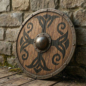 Bouclier rond en bois durable de style viking, artisanat fait main d'inspiration nordique pour accessoires de costume et présentation de collection - Product Image 2