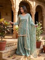 Ensemble Kurta Sharara Plazzo en soie Fendy brodé vert marine pour femme avec dupatta, entièrement cousu, tenue ethnique de fête, robe de mariage