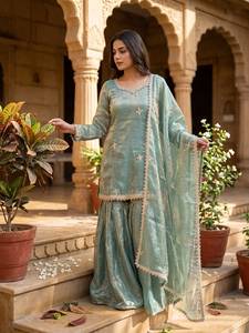 Conjunto de Kurta Sharara Plazzo de Seda Fendy Bordado en Verde Mar para Mujer, con Dupatta, Completamente Cosido, Traje Étnico para Fiestas y Bodas - Product Image 4