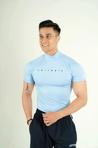 <b>Men</b> Light Blue <b>Turtleneck</b> Short Sleeve Slim Fit Compression Shirt Breathable Knitted Workout Gym Top - Product Image 2