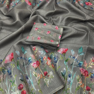 Sari Premium con Estampado Floral Gris - Prenda Étnica India de Tela Suave con Blusa a Juego - Sari de Diseño Estilo Bollywood - Product Image 2