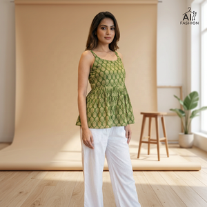 Haut en coton imprimé vert pour femmes avec pantalon palazzo blanc, tenue décontractée ample pour l'été, style Inde Pakistan - Product Image 1