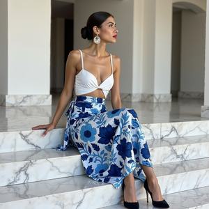 Hecho a mano bohemio gitano diseño transpirable puro algodón azul negro Floral borde estampado todo el día Casual falda de mujer - Product Image 4