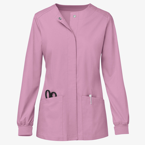 Blouse de travail personnalisée en gros, col rond, patte de boutonnage dissimulée, fermeture à boutons-pression, manches longues, poignets côtelés, poches plaquées, blouses de travail élégantes - Product Image 4