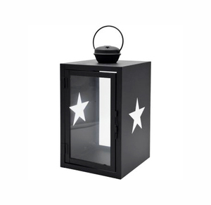 Black Metal Christmas Candle Lantern <b>Star</b> Cutout Glass Panel Hanging Handle Tea <b>Light</b> Holder Tabletop Centerpiece Decor - Product Image 1