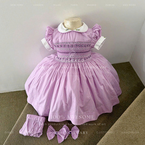 Vestido de bebé morado de algodón 100% hecho a mano, hasta la rodilla, con estampado, corte en A, Vietnam MITEXCO OEM/ODM, ropa infantil al por mayor, MOQ bajo - Product Image 1