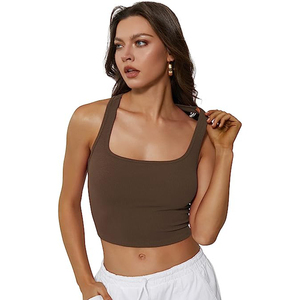 Top corto sin mangas para mujer, top elástico ajustado con cuello alto y canalé - Product Image 1