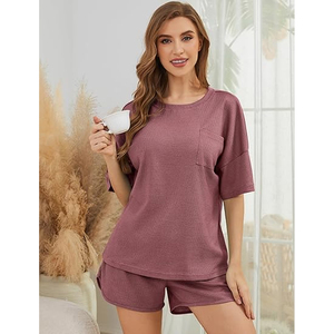 Conjunto de Verano para Mujer, Camiseta Holgada y Pantalones Cortos de Punto Waffle, Venta al Por Mayor - Product Image 3