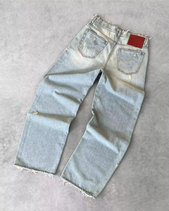 Jean en denim déchiré à taille haute et coupe droite, coupe ample, délavage vieilli, en coton, style décontracté, pour l'automne - Product Image 2