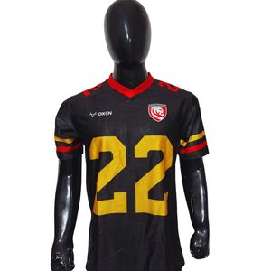 Camiseta de Fútbol Americano Personalizada Sublimada 100% Poliéster para Fanáticos |   Uniforme de Equipo Rojo Negro Dorado |   Cuello en V, Numerado, Transpirable - Product Image 3