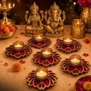 Lotus Flower <b>Tea</b> Light Candle Holder Wooden Rangoli Diwali Christmas Wedding Home <b>Party</b> Table <b>Decoration</b> Eco-Friendly Durable - Product Image 4